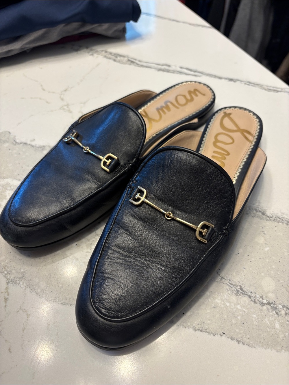 Sam Edelman Black Leather Slip-On Mules with Gold Tone Bit